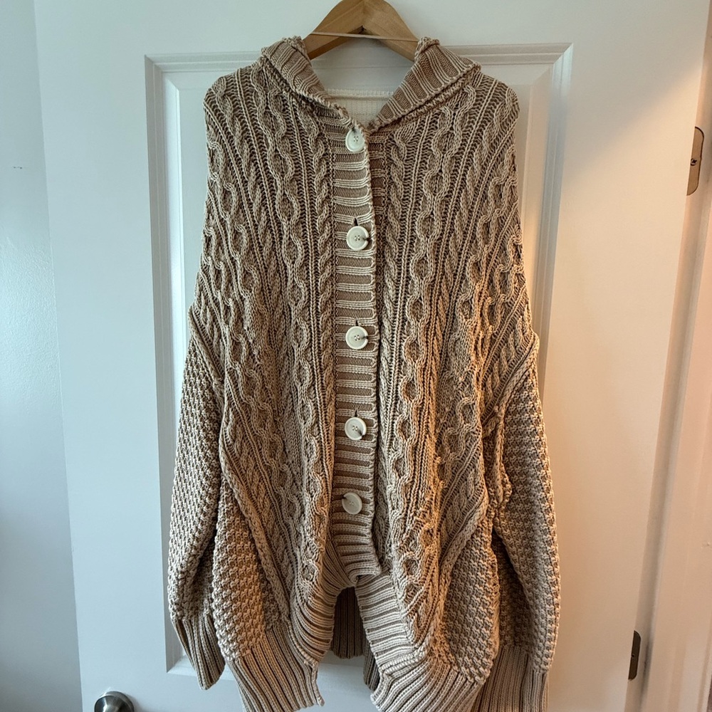 NEW Free People Cozy Hooded Cable Knit Sweater Cardigan - Beige